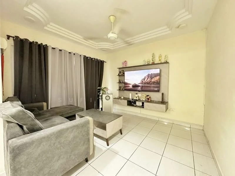 Living features: grey fabric sofa, coffee table, wall-mounted TV, TV console, floor-to-ceiling curtains in grey and black, white painted walls, tray ceiling, ceiling fan, ceramic tile flooring, decorative shelf with ornaments; style: modern.