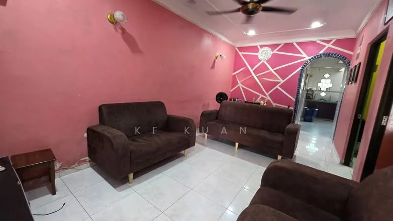 Living features: two brown fabric sofas, white tiled flooring, pink painted walls, ceiling fan, wall-mounted light fixtures, decorative wall with geometric pattern, arched doorway, small wooden side table; style: modern.