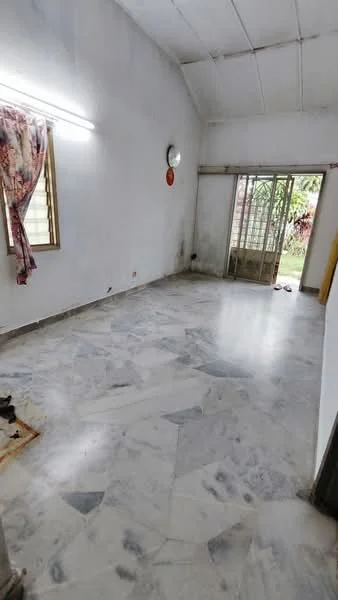 Living features: white painted walls, marble flooring, large windows with wooden frames, curtains with floral pattern, glass door leading to outdoor area, ceiling with exposed beams, wall-mounted light fixture, door leading to outside, minimal decor; view: garden.