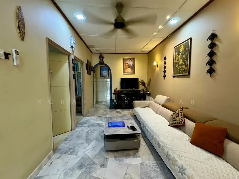 Living features: marble flooring, cream painted walls, 5-blade ceiling fan, wall-mounted TV, sofa with beige upholstery, decorative wall art, wooden console table, framed artwork, recessed lighting, decorative wall shelves; style: traditional.