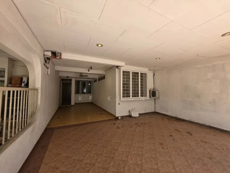 Room features: white painted walls, dropped ceiling, tile flooring, 1 wall-mounted split AC, floor-to-ceiling windows, sliding glass door, light fixtures, open layout.