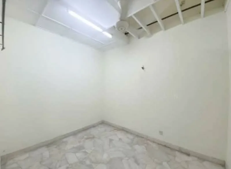 Room features: white painted walls, exposed ceiling with beams, marble tile flooring, ceiling fan, LED strip lighting.