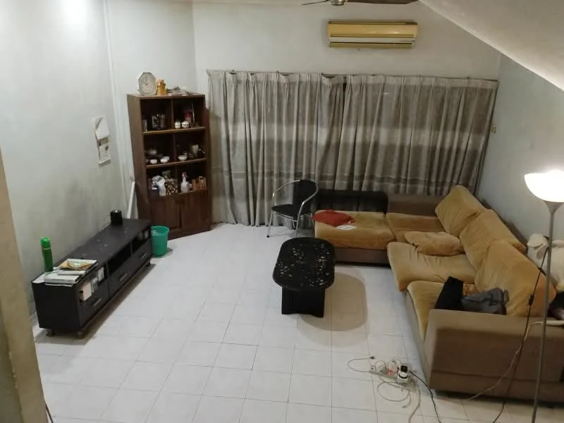 Living features: beige L-shape sectional sofa, black coffee table, black TV console, wooden shelving unit, floor lamp, white tiled flooring, light grey painted walls, curtains with horizontal stripes, wall-mounted air conditioning unit, decorative items on shelves, electrical cords visible; style: minimalist.