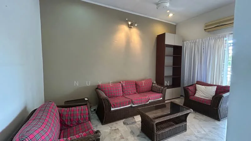 Living features: 3-seater fabric sofa with plaid pattern, 2-seater fabric sofa with plaid pattern, coffee table with glass top, wall-mounted light fixture, ceiling fan, air conditioning unit, white curtains, built-in shelving unit, marble flooring, light grey painted walls; style: contemporary.