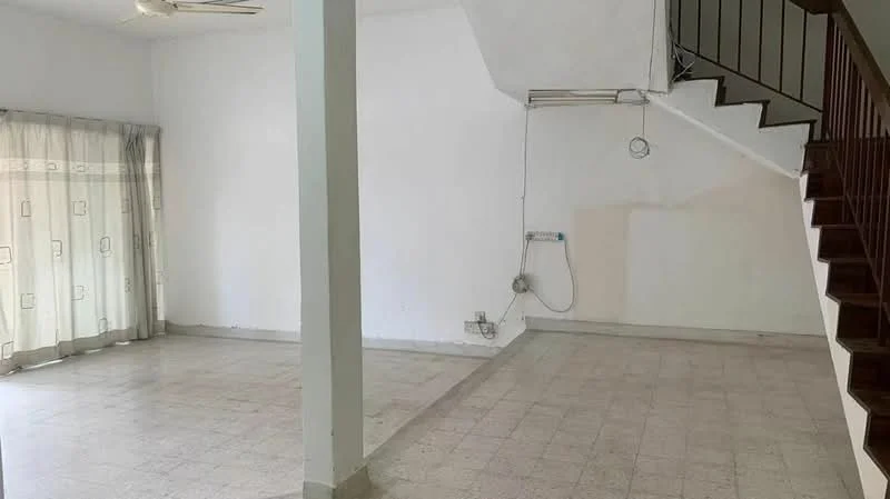 Room features: white painted walls, tile flooring, staircase, curtains, ceiling fan, open layout, natural light from windows.