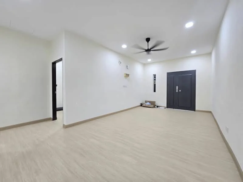 Living features: light wood laminate flooring, white painted walls, 5-blade ceiling fan with light, recessed LED downlights, black front door, door frame with black finish, empty wall space for decor, no visible furniture; style: modern.