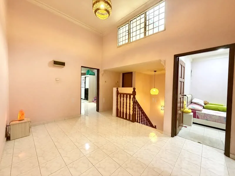 Room features: pink painted walls, white tiled flooring, staircase with wooden railing, large windows with grid pattern, hanging pendant light, wall-mounted air conditioning unit, decorative salt lamp, doorway leading to bedroom, doorway leading to another room; style: modern.