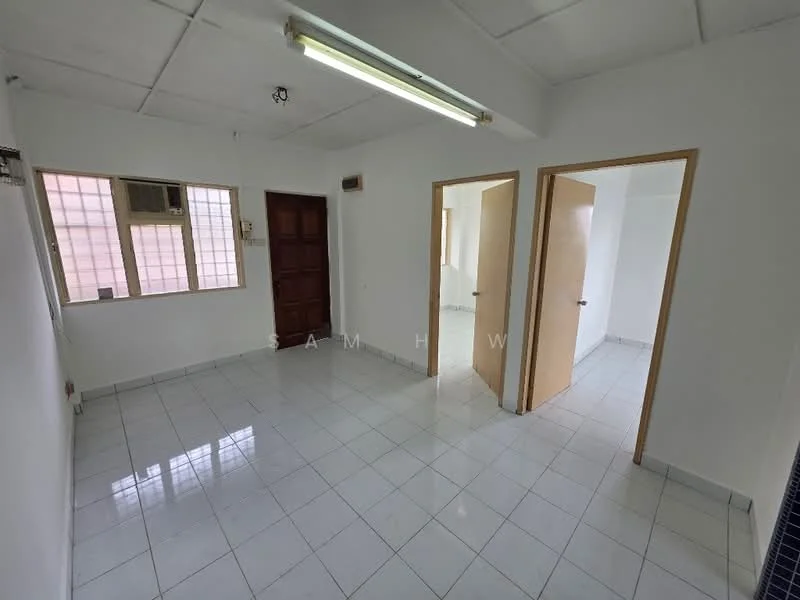 Room features: white painted walls, white ceiling, fluorescent lighting, tile flooring, two wooden doors, one window, neutral color scheme; style: minimalist.