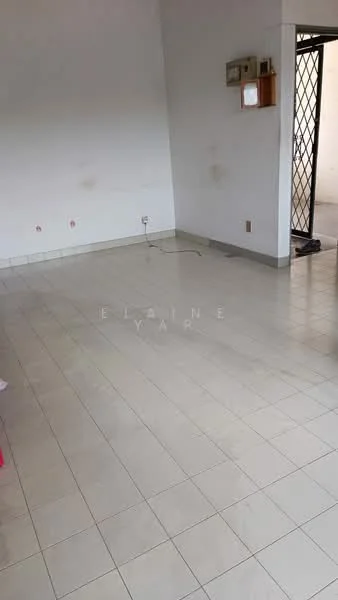 Room features: white painted walls, light grey tiled flooring, single electrical outlet, wall-mounted shelf, metal security door, open space, no visible furniture, neutral color scheme; style: minimalist.