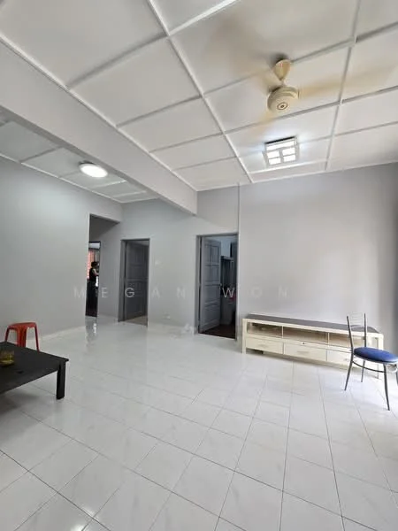 Living features: white painted walls, white tiled flooring, tray ceiling, ceiling fan, recessed lighting, TV console, coffee table, single chair, open layout, doorways to adjacent rooms; style: modern.