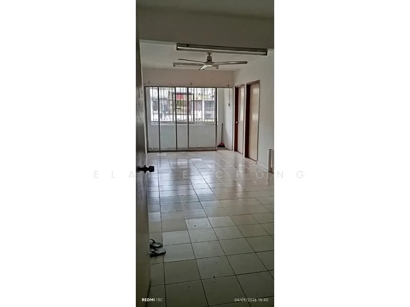 Living features: white painted walls, tile flooring, 5-blade ceiling fan, floor-to-ceiling windows, sliding glass door, window treatments, light-colored door frames, open layout.