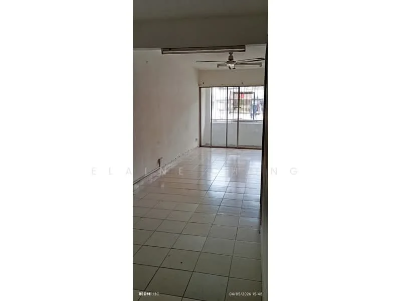 Living features: white painted walls, ceramic tile flooring, 5-blade ceiling fan, floor-to-ceiling windows, sliding glass door, natural light from windows, open layout, neutral decor.