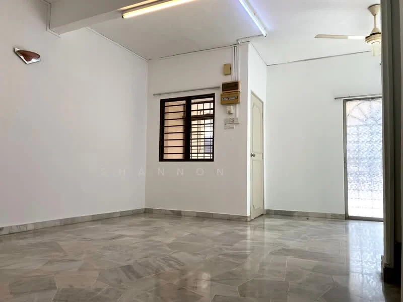 Living features: white painted walls, marble flooring, ceiling fan, window with grille, sliding glass door, natural light, light fixture on wall, door to hallway.