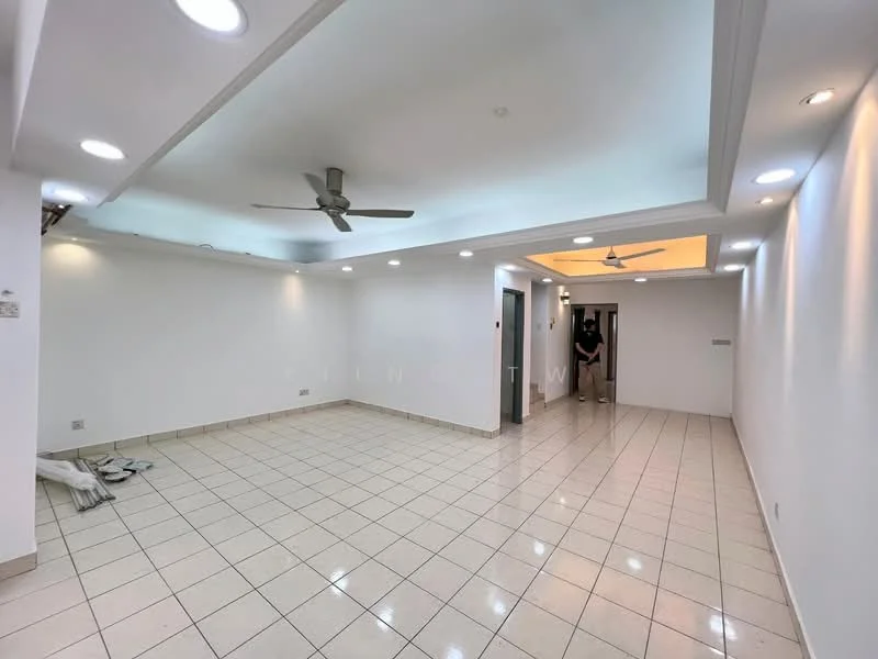 Room features: white painted walls, tile flooring, recessed downlights, 5-blade ceiling fan, 2 ceiling fans, neutral color scheme, open layout, corner wall with no visible features; style: modern.