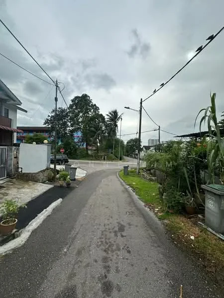 Exterior features: asphalt road, curved road layout, streetlights, overhead power lines, paved sidewalk, greenery along the roadside, potted plants, residential buildings in the background, cloudy sky.