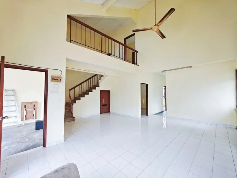 Living features: white painted walls, tile flooring, exposed beams ceiling, 5-blade ceiling fan, staircase with wooden railing, large windows, open layout, natural light.