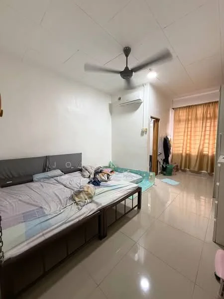 Bedroom features: queen-size bed, upholstered headboard, bedside table, ceiling fan, wall-mounted air conditioning unit, large window with sheer curtains, tile flooring, decorative wall with light color, clothes rack, area rug; style: modern.