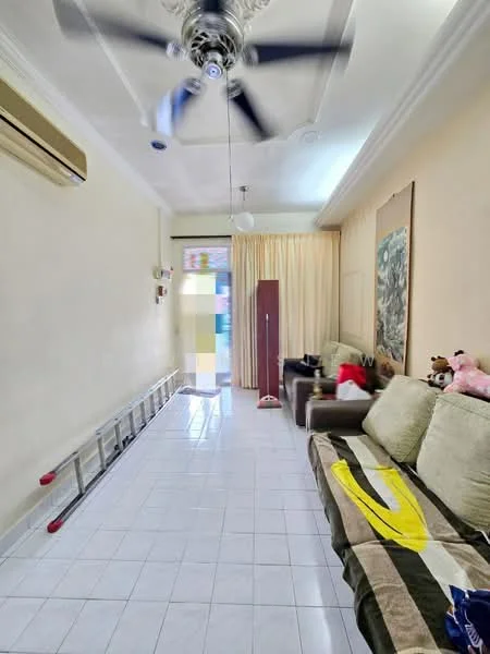 Living features: white painted walls, ceramic tile flooring, 5-blade ceiling fan with light, floor-to-ceiling windows, sheer curtains, sofa in beige, coffee table, decorative artwork on wall, wall-mounted air conditioning unit, ladder in background, area rug; style: modern.