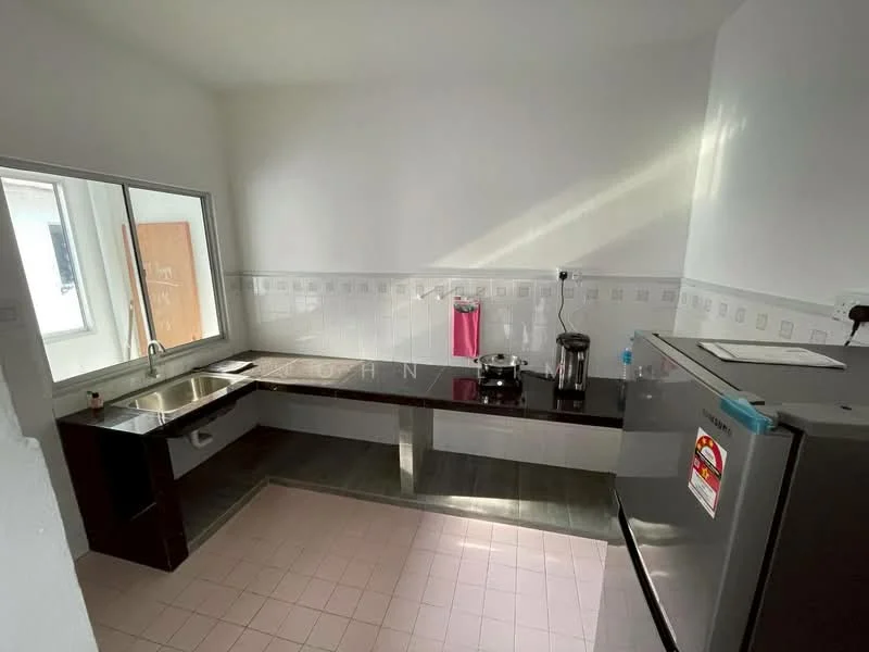 Kitchen features: single-bowl stainless-steel sink, chrome pull-down faucet, black granite countertop, white tiled backsplash, white cabinets, stainless-steel fridge, stainless-steel kettle, cooking pot on stove, window with natural light, pink dish towel, pink floor tiles; style: modern.