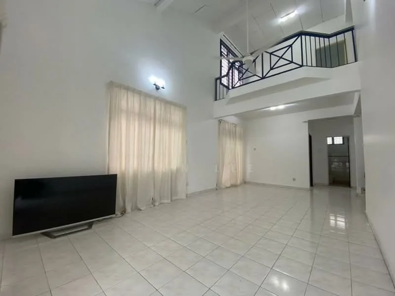 Living features: white painted walls, tile flooring, large windows with sheer curtains, ceiling lights, TV console, open space layout, high ceiling, staircase railing visible; style: modern.