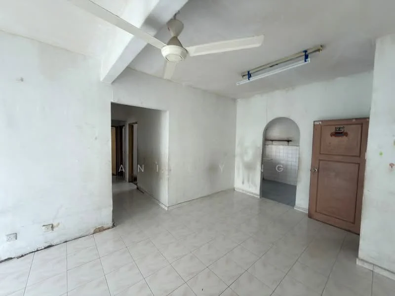 Room features: white painted walls, tile flooring, ceiling fan, arched doorway, built-in cabinet, open layout, natural light from windows, neutral color scheme; style: minimalist.