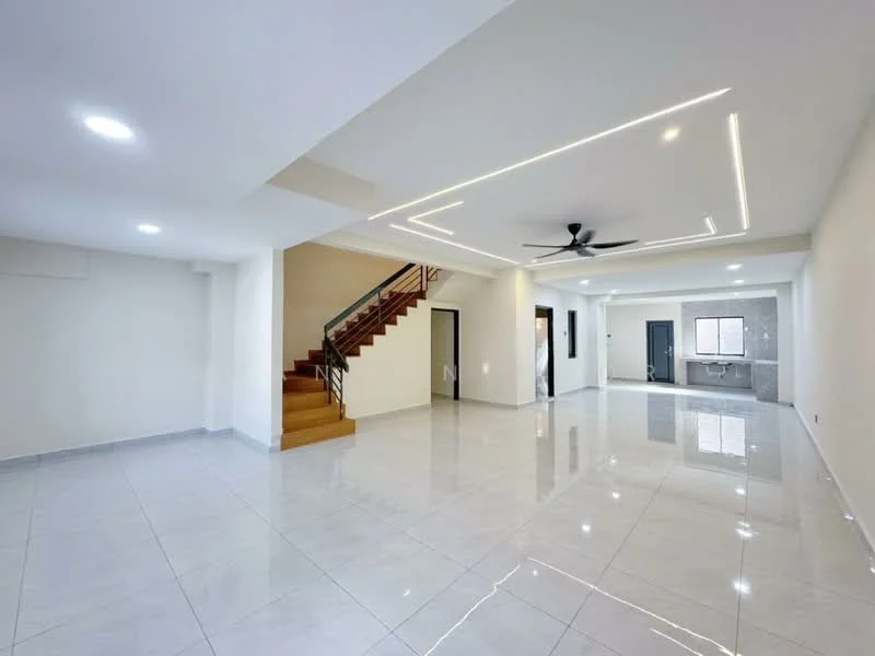 Living features: glossy white tile flooring, white painted walls, recessed LED downlights, 5-blade ceiling fan, staircase with wooden steps, large windows for natural light, open layout, neutral color scheme; style: modern. Room features: white painted walls, glossy white tile flooring, recessed LED downlights.