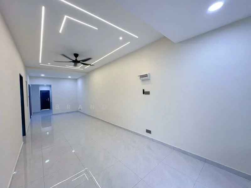 Room features: white painted walls, glossy ceramic tile flooring, recessed LED downlights, 5-blade ceiling fan, air conditioning unit, doorway leading to another room, neutral color scheme, smooth ceiling with geometric design; style: modern.