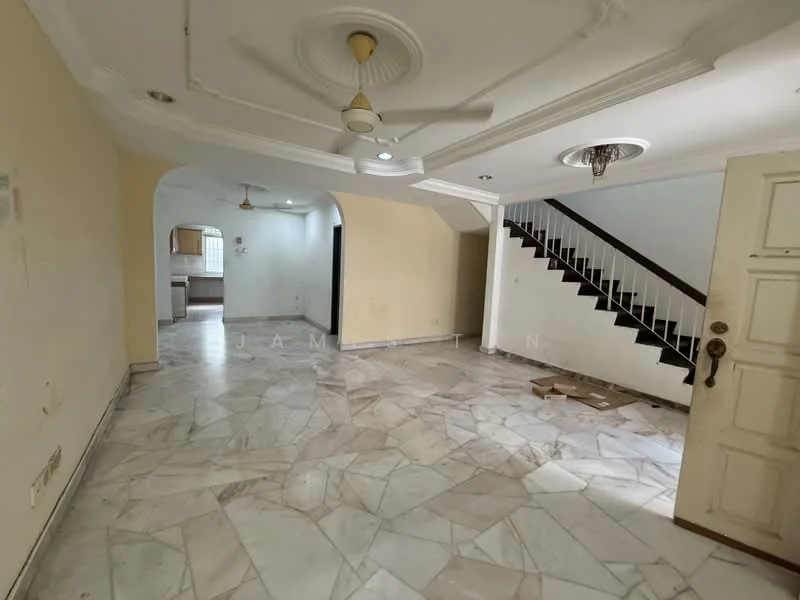 Living features: marble flooring, white painted walls, tray ceiling, 5-blade ceiling fan, recessed downlights, staircase with wooden railing, arched entryway, decorative ceiling rose; style: modern. Kitchen features: open layout, white painted walls, marble flooring, window for natural light; style: modern.