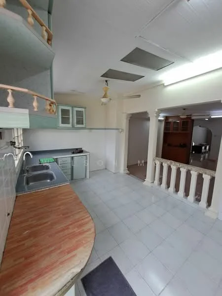 Kitchen features: single-bowl stainless-steel sink, chrome pull-down faucet, laminate countertop, green cabinetry, open shelving, white tiled backsplash, ceramic tile flooring, ceiling fan, recessed downlights, wall-mounted cabinets, wooden breakfast bar, white walls, archway to living area; style: modern.
