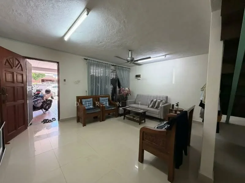 Living features: white painted walls, tile flooring, ceiling with recessed lighting, 5-blade ceiling fan, sofa with light upholstery, wooden coffee table, wooden armchairs, curtains, air conditioning unit, decorative plants, entrance door, staircase visible in background; style: modern.