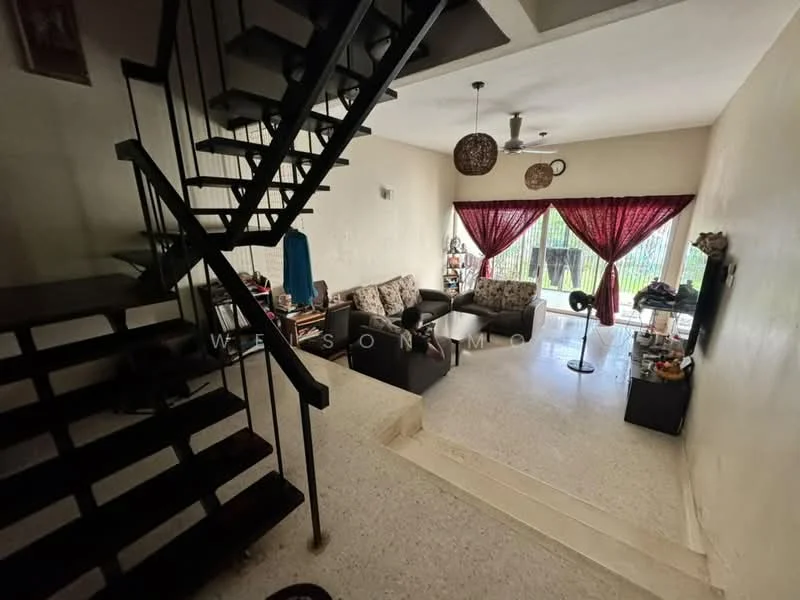 Living features: sofa in dark fabric, 2-seater sofa, 3-seater sofa, coffee table, TV console, wall-mounted TV, area rug, ceiling fan with light, large windows with sheer curtains, decorative pendant lights, staircase with metal railing, white painted walls, tile flooring; style: modern; view: garden.