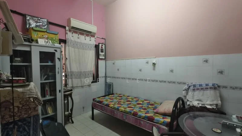 Bedroom features: pink painted walls, white tiled flooring, single bed with colorful bedding, wall-mounted air conditioning unit, built-in wardrobe with glass doors, curtains on window, study desk, decorative wall art.