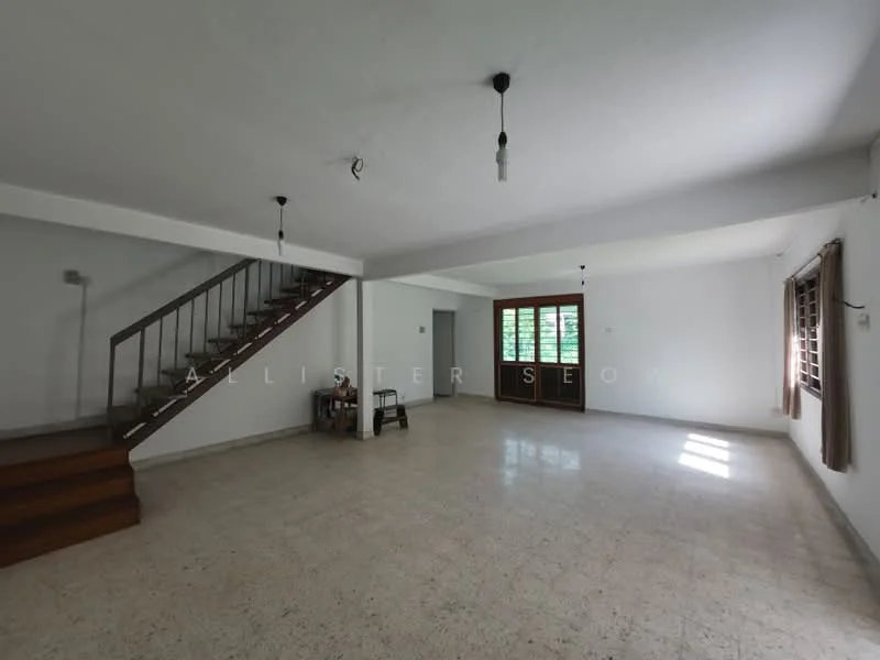 Living features: white painted walls, marble flooring, ceiling with exposed light fixtures, large windows with wooden frames, wooden staircase, neutral curtains, open layout, natural light from windows; style: minimalist.