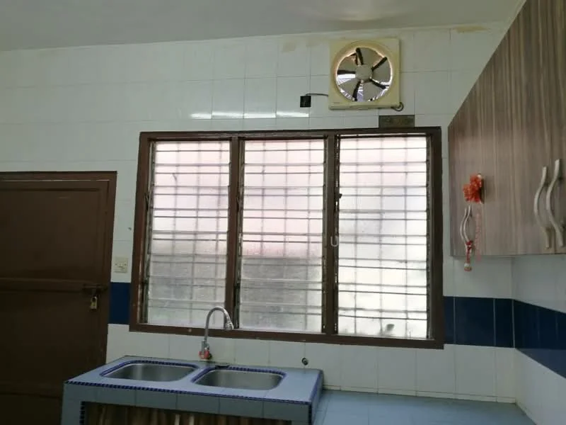 Kitchen features: double-bowl stainless-steel sink, chrome pull-down faucet, white tiled walls, blue tiled backsplash, wood cabinetry, window with horizontal slats, exhaust fan, countertop with blue edge, floor with blue tiles.