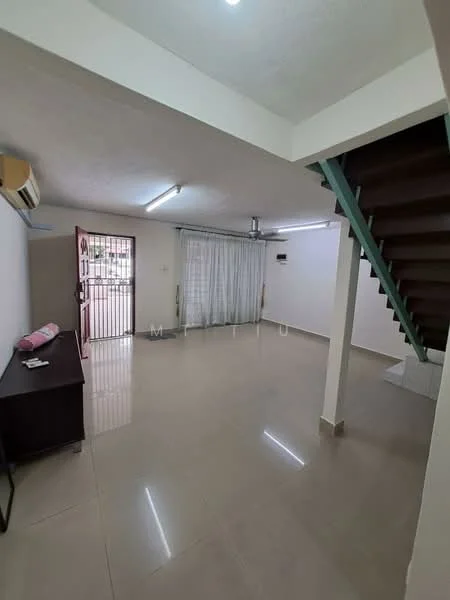 Living features: cream painted walls, polished tile flooring, ceiling fan, wall-mounted split AC, large window with sheer curtains, wooden staircase, open layout, light fixtures, door leading outside; style: modern.