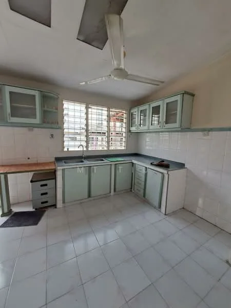 Kitchen features: light green cabinetry, white tiled backsplash, grey countertop, single-bowl stainless-steel sink, chrome pull-down faucet, window with grid pattern, ceiling fan, white tiled flooring, wooden countertop extension, open shelving, built-in cabinets; style: traditional.