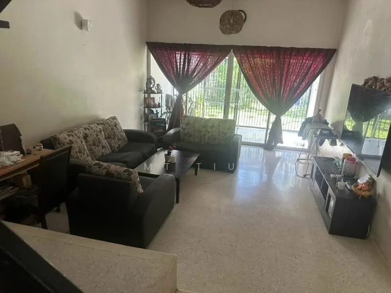 Living features: 3-seater fabric sofa in grey, 2-seater fabric sofa with floral pattern, coffee table, TV console, wall-mounted TV, area rug, floor-to-ceiling windows, sheer curtains, decorative wall art, light-colored walls, polished tile flooring, ceiling with decorative elements; style: modern; view: garden.