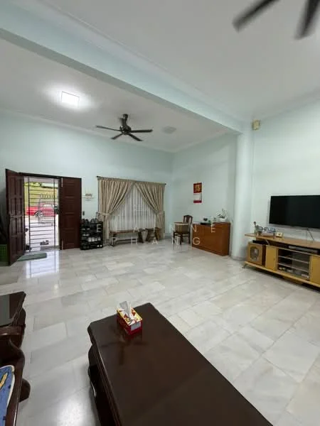 Living features: marble tile flooring, light blue painted walls, white ceiling with recessed lighting, 5-blade ceiling fan, large window with sheer curtains, wooden TV console, wall-mounted TV, wooden coffee table, decorative wall art, side table, open layout, natural light from entrance; style: modern.