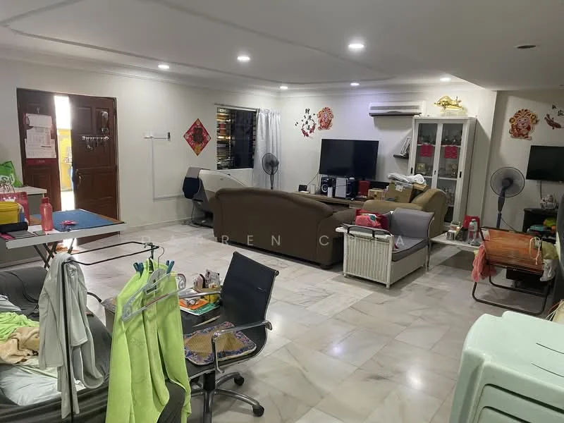 Living features: marble flooring, white painted walls, sofa in beige, 2-seater fabric sofa, coffee table, wall-mounted TV, freestanding TV cabinet, 2 wall-mounted split ACs, ceiling fan, decorative wall art, curtains, open shelving unit, area rug; style: contemporary.