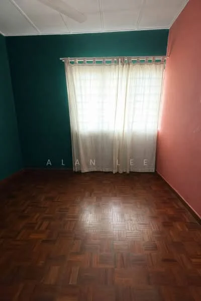 Room features: green painted walls, pink painted wall, parquet wood flooring, curtains, ceiling fan, window with sheer curtains.