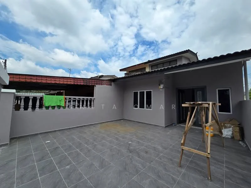 Exterior features: grey painted walls, large outdoor terrace, grey tiled flooring, balustrade with white columns, roof overhang, partially covered area, exposed beams, clothes drying rack, wooden ladder, construction materials visible; style: modern.