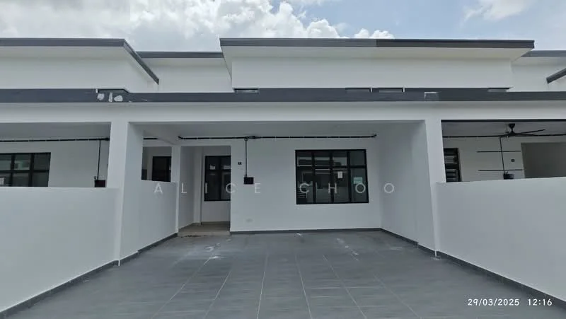 Exterior type: linked terrace house; features: white painted facade, flat roof, single-storey, grey tiled flooring, large windows, covered porch area, ceiling fan visible, minimalist design, manicured landscaping, outdoor lighting fixtures; style: modern.