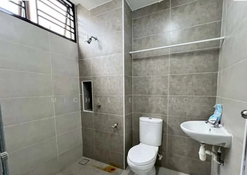 Bathroom features: grey tiled walls, white ceramic floor tiles, one-piece toilet, chrome basin mixer faucet, wall-mounted sink, shower with wall-mounted shower head, built-in shower niche, towel rack, window for natural light; style: modern.