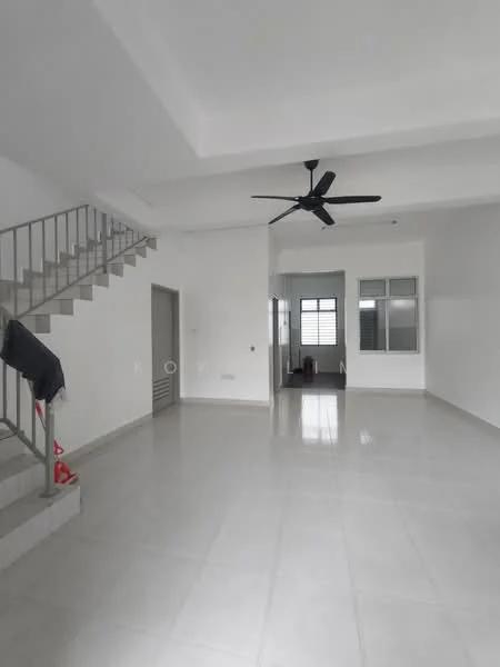 Living features: white painted walls, polished ceramic tile flooring, 5-blade ceiling fan, large windows, open layout, staircase with metal railing, neutral color scheme, high ceiling; style: modern. Room features: white painted walls, polished ceramic tile flooring, large windows.