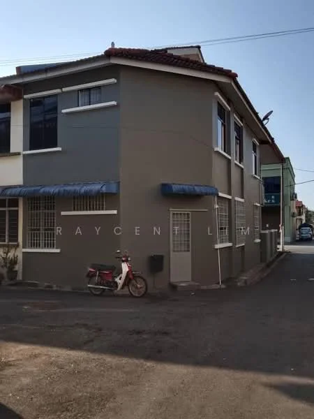 Exterior type: semi-detached house; features: grey painted facade, red tile roof, two-storey structure, windows with white frames, metal awnings over windows, visible driveway, surrounded by residential area, satellite dish on roof; style: modern.