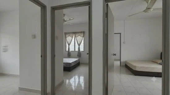 Room features: white painted walls, tile flooring, ceiling fan, window with sheer curtains, two doors leading to separate rooms, one room with a mattress on the floor, another room with a bed frame, neutral color scheme; style: modern.