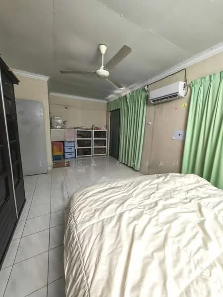 Bedroom features: queen-size bed with beige bedding, white tiled flooring, green curtains, ceiling fan, wall-mounted air conditioning unit, built-in wardrobe with glass doors, refrigerator, storage cabinets, light-colored walls, decorative ceiling molding.