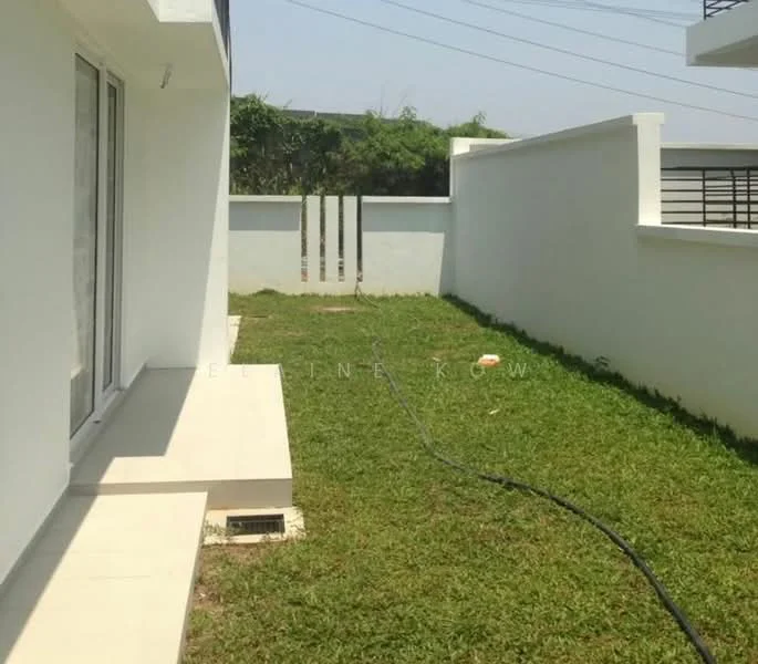 Exterior features: white painted walls, manicured lawn, paved walkway, fenced perimeter, landscaped garden, outdoor space, grass area; style: modern.