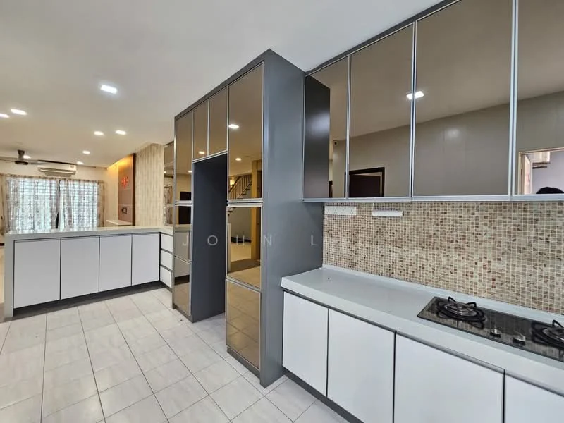 Kitchen features: white cabinetry with grey accents, glass-front upper cabinets, grey countertop, built-in oven, 4-burner gas hob, mosaic tile backsplash, white tiled flooring, recessed LED downlights, floor-to-ceiling windows, open layout, kitchen island; style: modern.