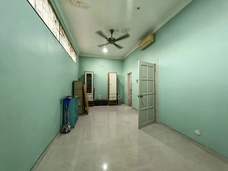 Room features: light green painted walls, polished marble flooring, ceiling fan, 1 wall-mounted split AC, 2 doors, 1 window with frosted glass, built-in wardrobe, storage cabinet.